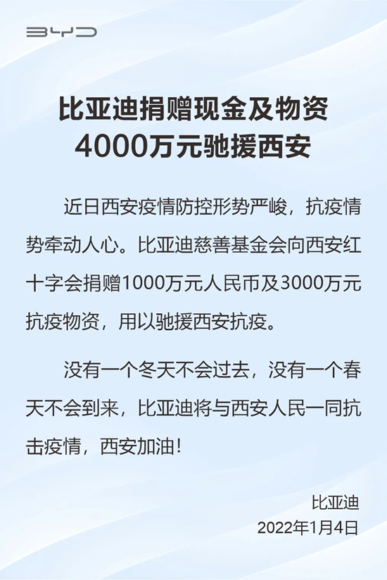 比亞迪捐贈現(xiàn)金及物資4000萬元馳援西安(圖1)